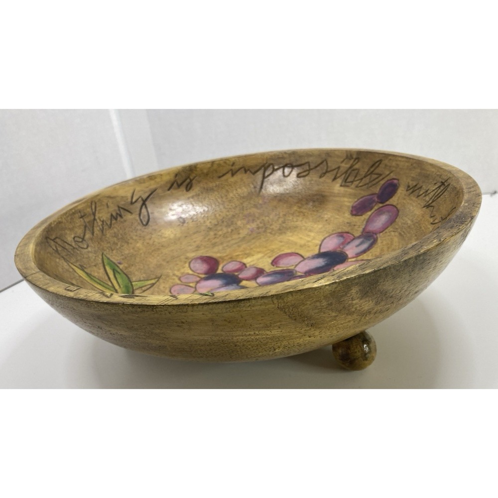 Vtg Hand Painted‎ Wooden Fruit/Salad Bowl Bible Verse Christain Grapes 10.5"
